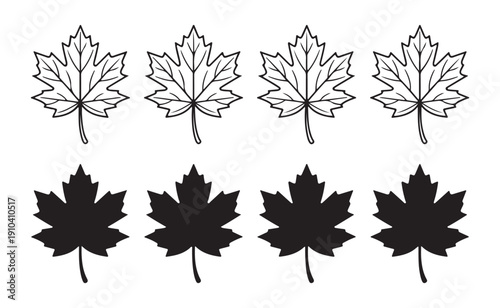 Detailed maple leaf line art and silhouette collection for seasonal fall decorations and botanical projects