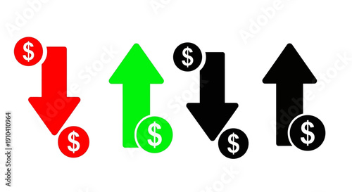 Financial trends illustration showing dollar signs with directional arrows indicating market fluctuations and economic indicators