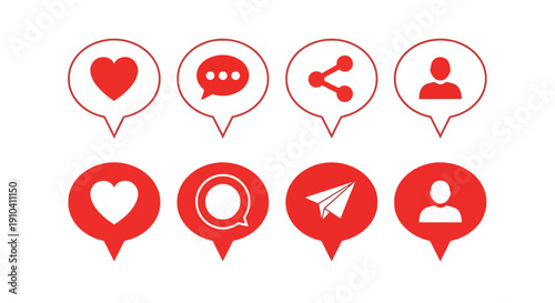 Collection of social media icons in red outline on a clean background viewed from directly above
