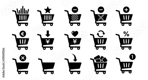 Collection of shopping cart icons representing various e-commerce actions and symbols, displayed in a grid layout.