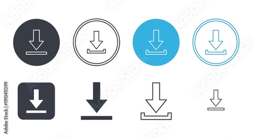 Collection of various download icons in different styles and colors displayed together, representing digital data transfer, icons, computer, interface, and graphics