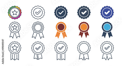 Collection of various badge icons with different designs and colors displayed on a clean white background