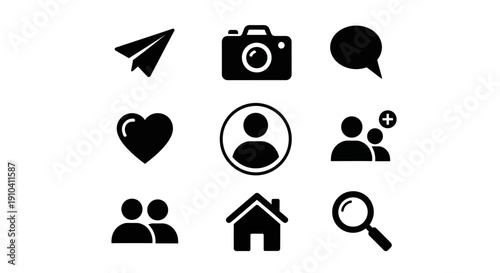 Collection of black icons representing various concepts including communication, people, and search on a clean white background, viewed from a straightforward perspective.