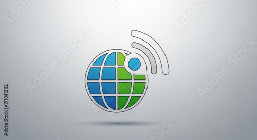 Global connectivity symbol with grid earth and signal waves on gray background