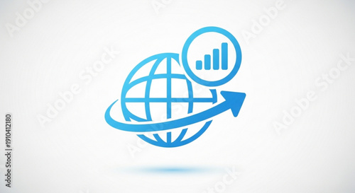 Global business growth concept with blue globe and bar chart icon on white background
