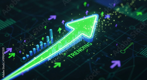 Trending upward arrow graph with green and purple arrows on dark background indicating growth and success in business and finance