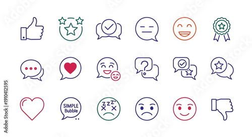 Collection of colorful icons representing various emotions and reactions displayed on a clean background in a grid layout