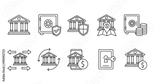 Collection of bank icons with various financial elements and security features