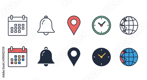Collection of icons representing time, location, and notification, displayed in a grid layout, in various styles, from simple to detailed designs