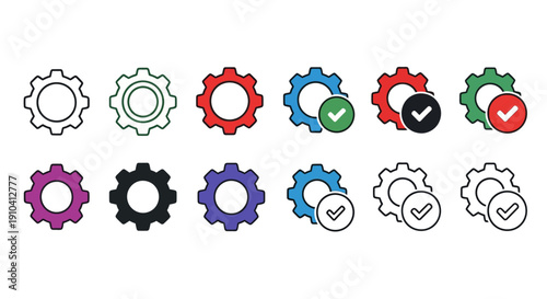 Collection of colorful gear icons with checkmarks displayed on a clean white background viewed from a straightforward perspective