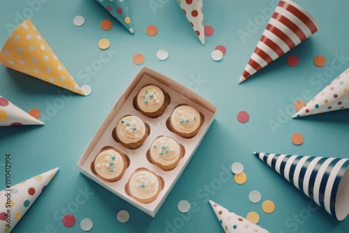 Celebratory cupcakes and party hats on a blue background