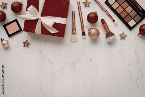 Christmas makeup gift with cosmetics and decorations on white marble surface