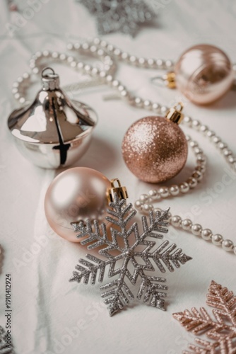Christmas decoration with ornaments and snowflakes on white background