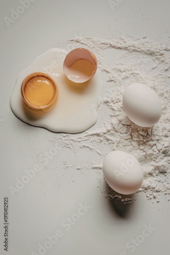Cracked eggs and flour on white background for baking