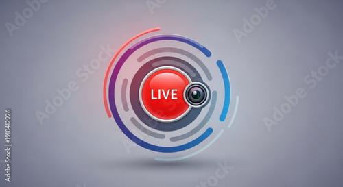 Live streaming icon with red button and camera lens on gray background for online broadcast