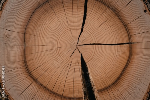 Cross section of a tree trunk showing annual growth rings and cracks
