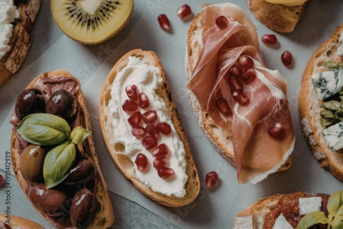 Delicious assortment of bruschetta toasts with various toppings and fresh fruits