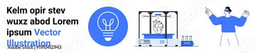 Innovation, creativity, technology, design process, brainstorming, prototyping. ion of a bulb icon, a 3D printer creating an object and a person gesturing. Innovation and creativity concept