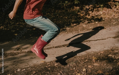 Person jumping on path in pink rain boots on a sunny day