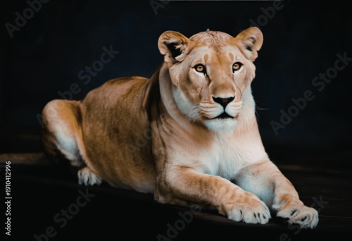 Lioness lying down with alert expression against dark background