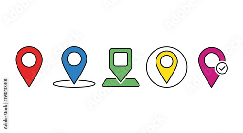 Collection of diverse map navigation icons in various colors and designs displayed on a clean background from a straightforward viewpoint