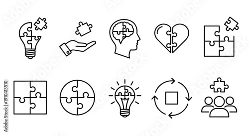 Collection of icons representing ideas, thoughts, and teamwork, featuring puzzle pieces, light bulbs, and people, in a simple line art style, on a neutral background, 