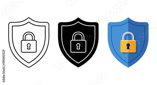 Collection of security icons featuring shields with padlocks in various colors and designs