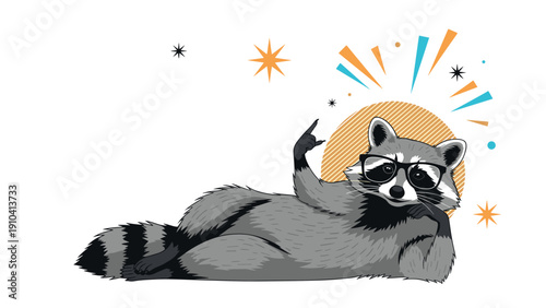 Relaxed raccoon wearing black sunglasses lying down on its side with colorful stars and abstract graphic elements in the background.