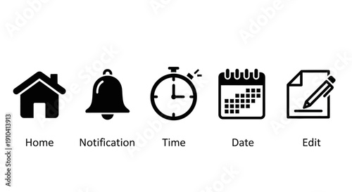 A set of icons representing home, notification, time, date, and edit functions in a simple black and white design viewed from a straightforward perspective.