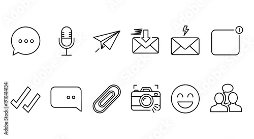 Collection of simple line icons representing communication and media tools displayed on a clean white background