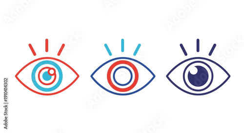 Three stylized eyes with vibrant colors and abstract designs, icons, symbols, and gaze directions, vector graphics, modern art, illustration