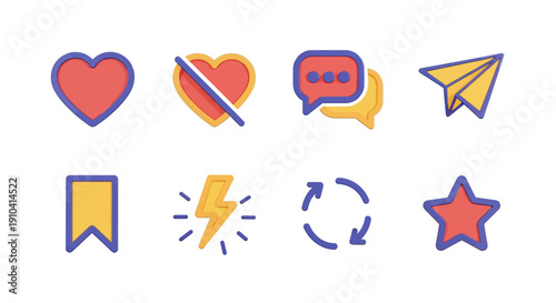 Dynamic vector icon collection for digital user interfaces, featuring essential social media engagement elements like likes, comments, shares, saves, and favorites, designed with a clean,