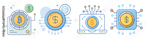 Digital currency icons set with dollar symbols in flat vector design for finance and business apps
