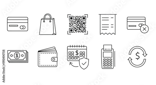 Comprehensive outline vector icons for modern digital payment systems, secure online shopping, financial transactions, and e-commerce services