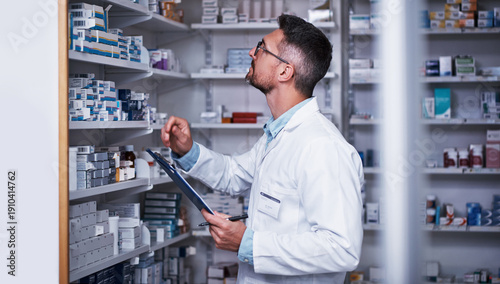 Tableau sur toile Pharmacist, man or clipboard with shelf inspection for inventory check, medical info and expiry date