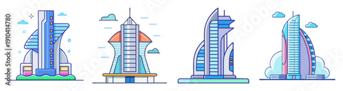 Futuristic city skyline vector icons set with modern skyscrapers and urban architecture in flat design style