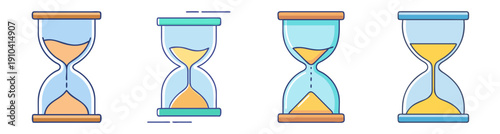 Vector hourglass icons set with sand timer countdown isolated on blue background minimal design