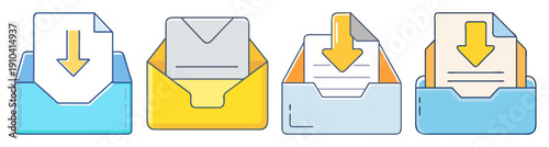 Colorful vector email inbox icons with notification arrows for business and communication design elements