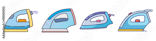 Set of four modern blue and gold irons vector icons isolated on white background for household and laundry