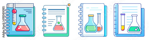 Colorful laboratory science vector icons set with flasks, test tubes, and DNA helix in flat design for education and research
