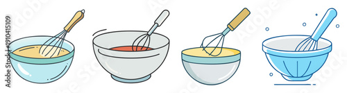Colorful kitchen whisk and mixing bowls vector icon set with ingredients for baking and cooking isolated on white background
