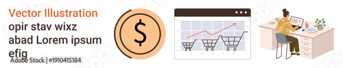 Online shopping, business growth, digital marketing, financial strategy, e-commerce, data analytics. Shopping carts chart shows rising trends. Business growth and e-commerce illustrated with data