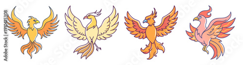 Set of five colorful flying phoenix birds vector icons isolated on white background for design and creativity