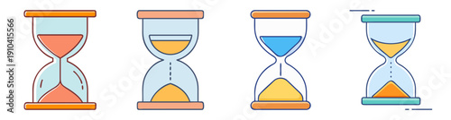 Colorful vector sand timer icons set with flowing sand in orange, blue, and yellow gradients for time management and productivity