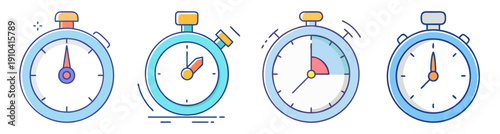 Set of four colorful vector timer icons with alarm clocks for productivity time management countdown deadline vector illustration