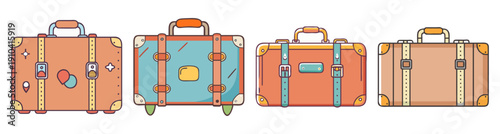 Set of vintage travel suitcases vector icons with colorful tags and stickers isolated on white background