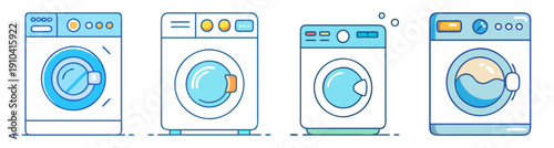 Set of modern washing machine vector icons in flat design with water and laundry symbols for home appliances and cleaning services