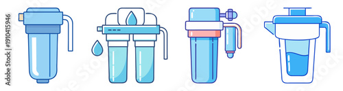 Set of four modern water filter icons in blue and white vector illustration for clean drinking water and purification systems