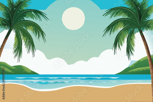 Tropical beach scene with palm trees ocean and a bright sun