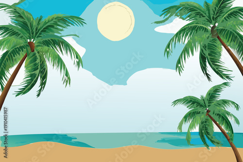 Tropical beach scene with palm trees ocean sand and a bright sun